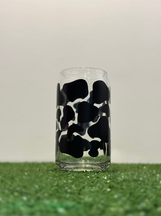 Black Cow Print Can Glass